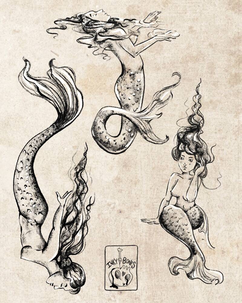 Victorian style siren mermaids dark tattoo designs