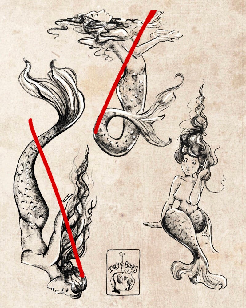 Victorian style siren mermaids dark tattoo designs