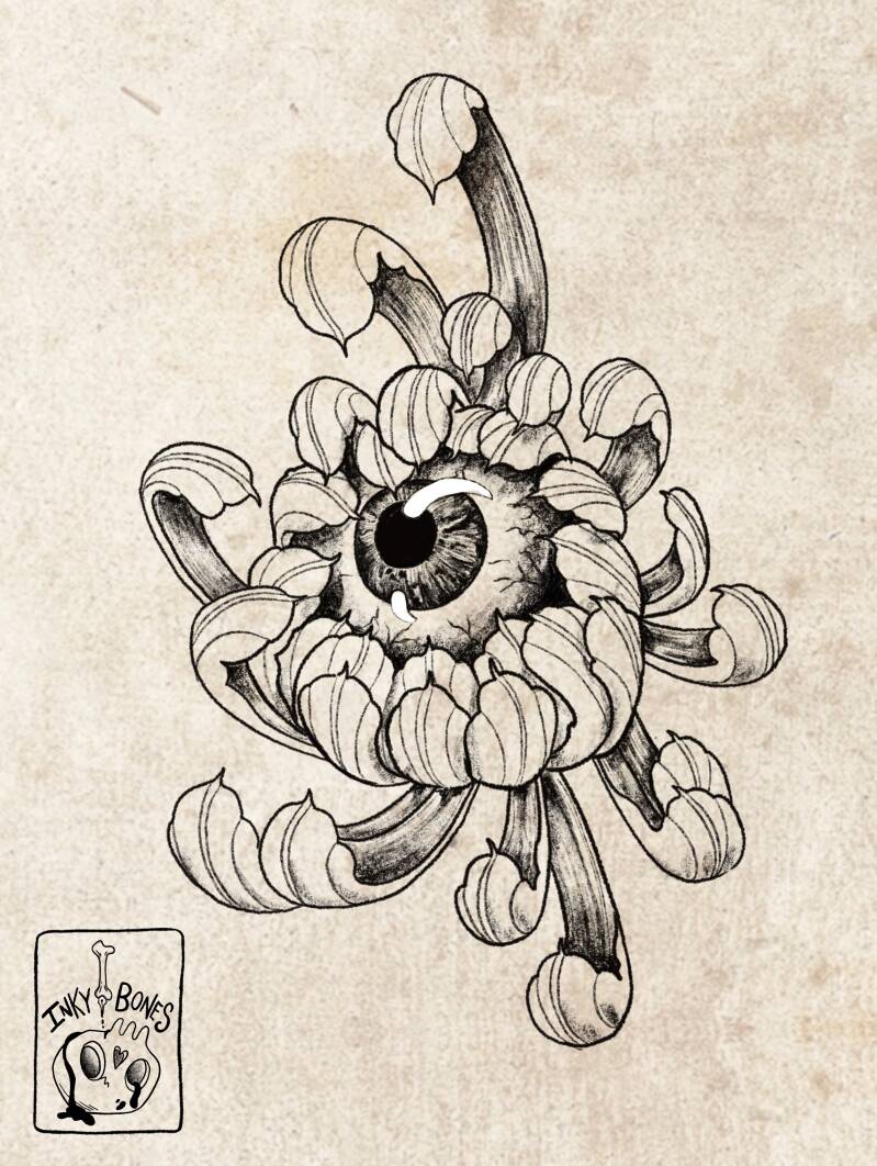 Gothic blackwork creepy eye chrysanthemum tattoo design