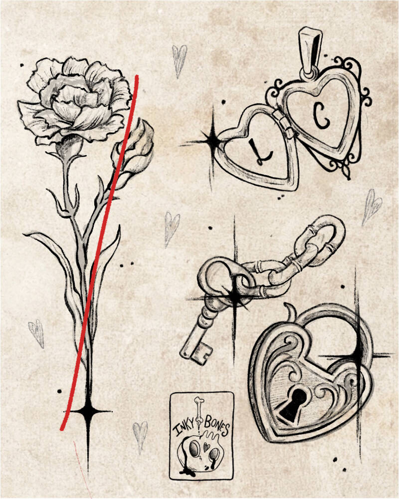 customisable locket and lock &amp; key blackwork tattoo design