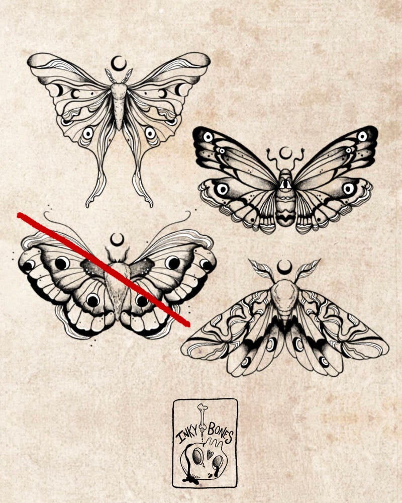 a selection of  illustrative moths and butterfly tattoo designs