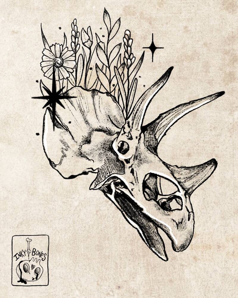 blackwork botanical dinosaur skull tattoo design
