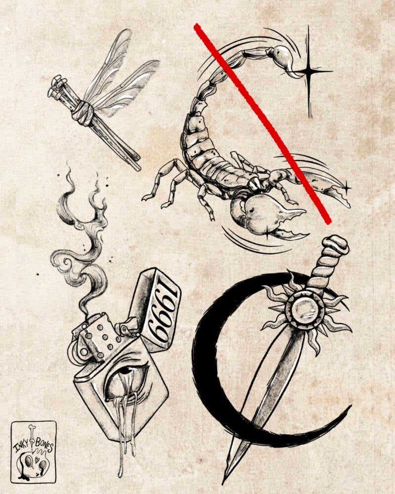 a selection of dark and magical tattoo designs