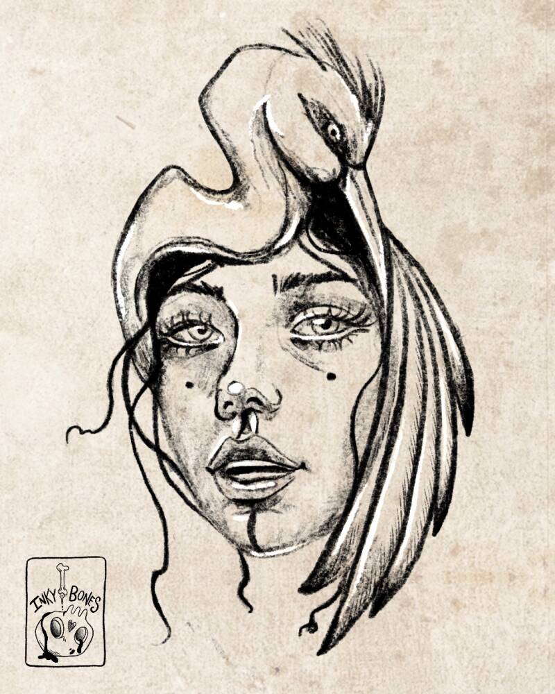 witchy beautiful haunting stork girl tattoo design