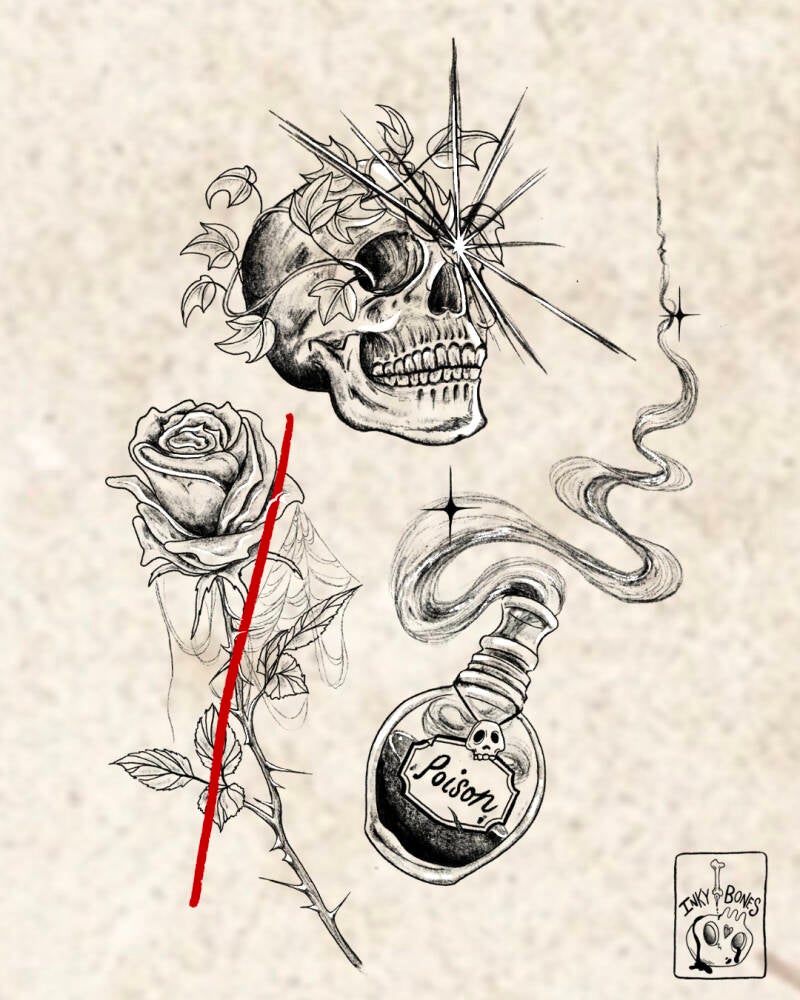 a selection of whimsical and witchy tattoo designs