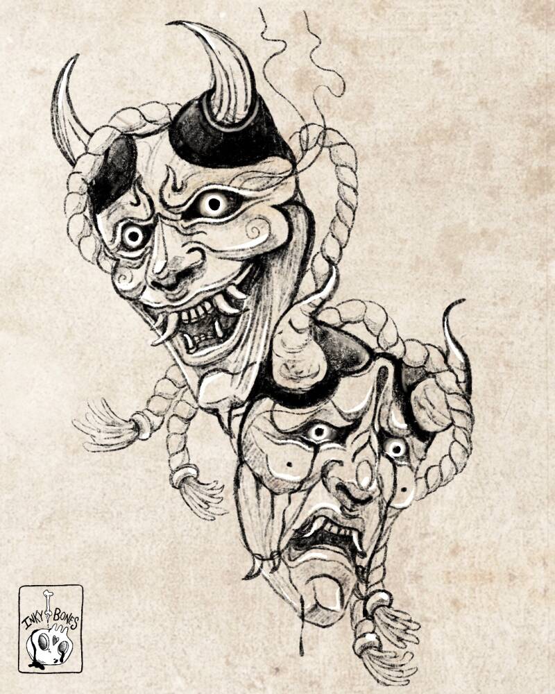 Japanese oni demon mask tattoo design