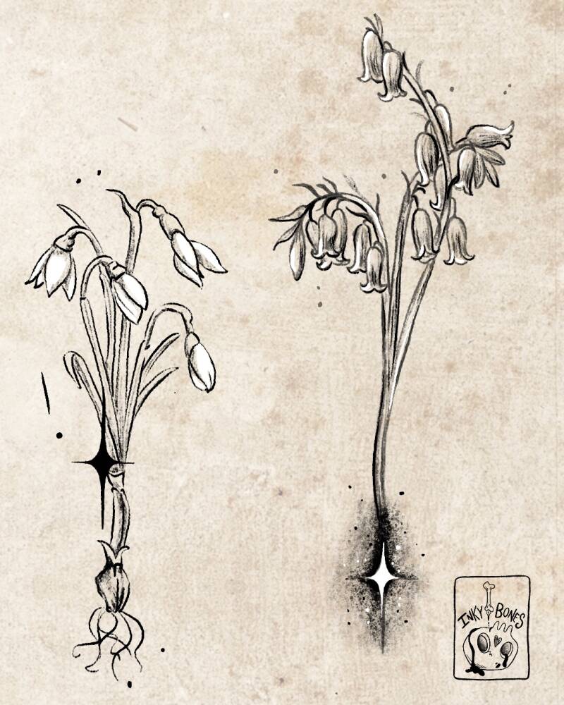 Magical botanical snowdrop and bluebell tattoo design