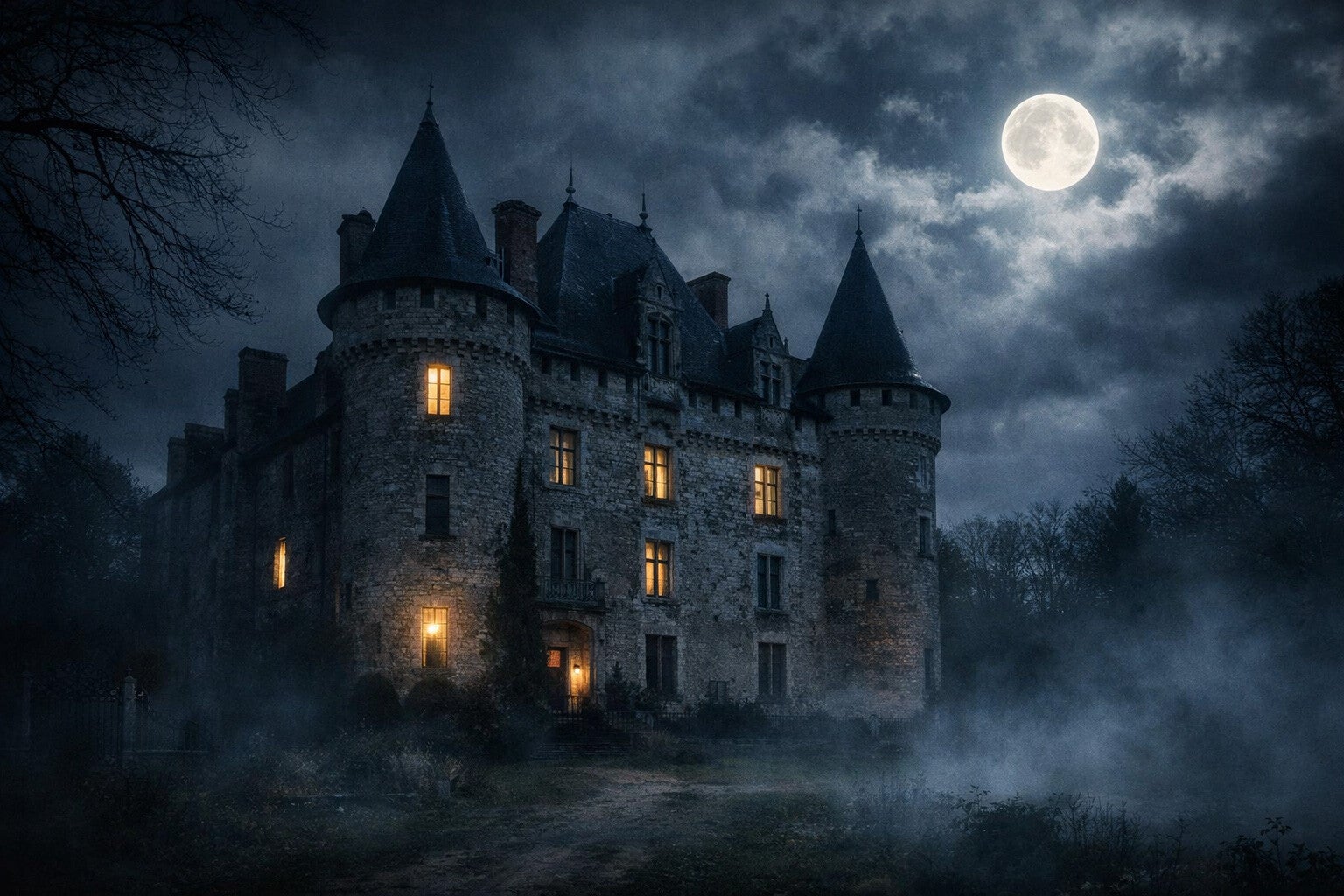 Château de Fougeret éclairé de nuit avec une atmosphère brumeuse évoquant sa réputation de château hanté en France