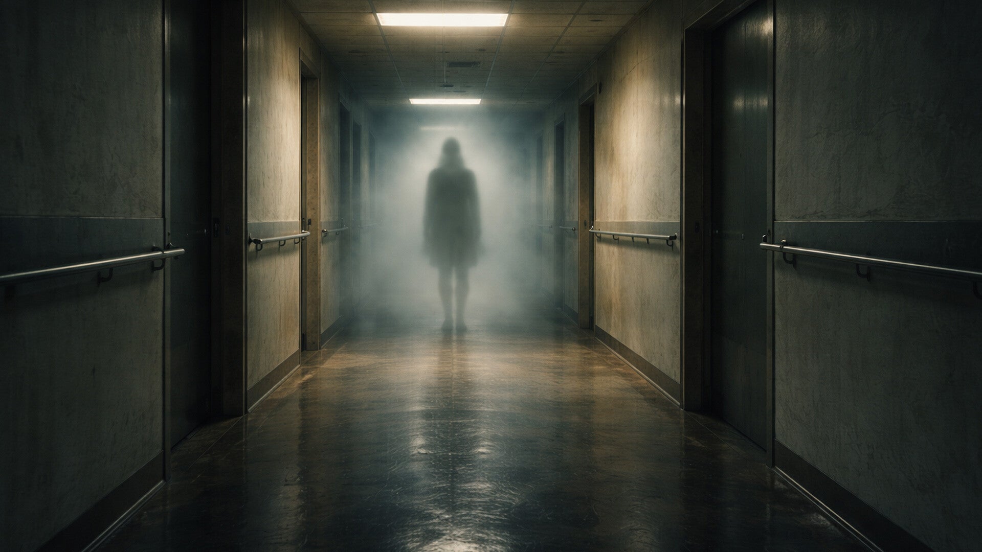 Couloir d’hôpital vide et faiblement éclairé, avec une silhouette humaine floue et semi-transparente au fond, suggérant une présence inexpliquée dans un lieu médical.
