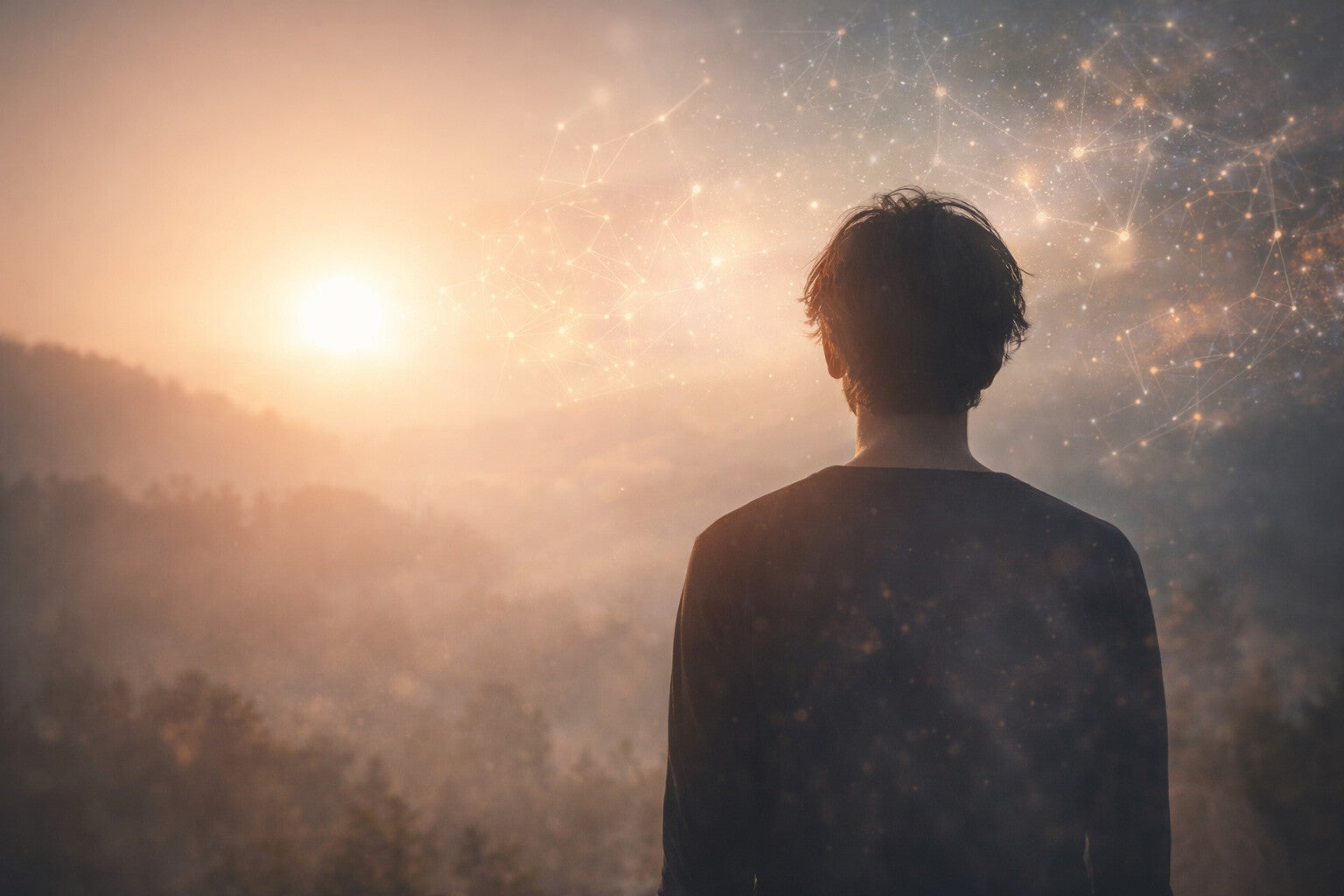 Personne de dos contemplant un paysage au lever du soleil, symbole d’intuition, de conscience et de réflexion intérieure chez les personnes hypersensibles.