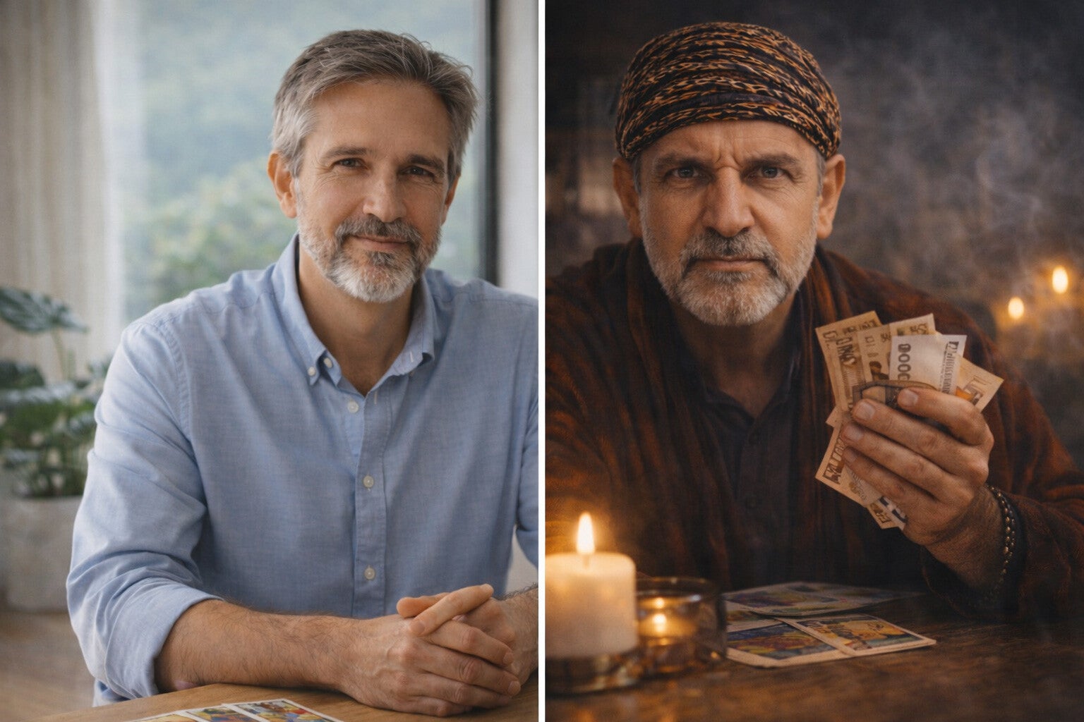 Comparaison visuelle entre deux consultations de voyance : à gauche, un médium calme et rassurant dans un cadre lumineux ; à droite, un voyant au comportement agressif et pressant, illustrant les dérives possibles de la pratique.