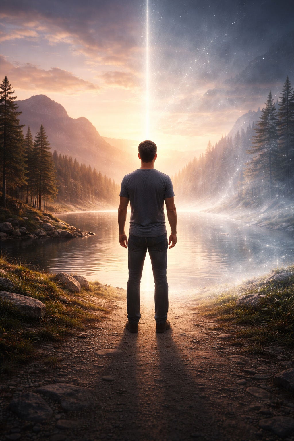 Conscience humaine comme pont entre les mondes visibles et invisibles, figure humaine reliant matière et dimensions subtiles