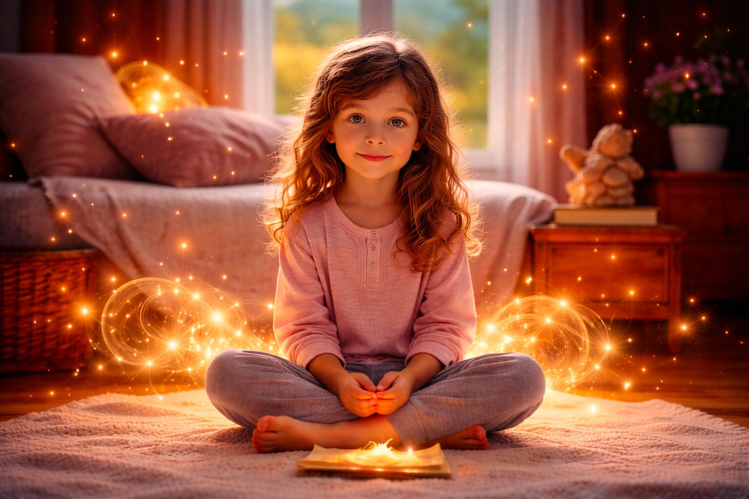 Enfant assis dans sa chambre entouré d'une lumière dorée symbolisant le monde invisible et la sensibilité intuitive de l'enfance