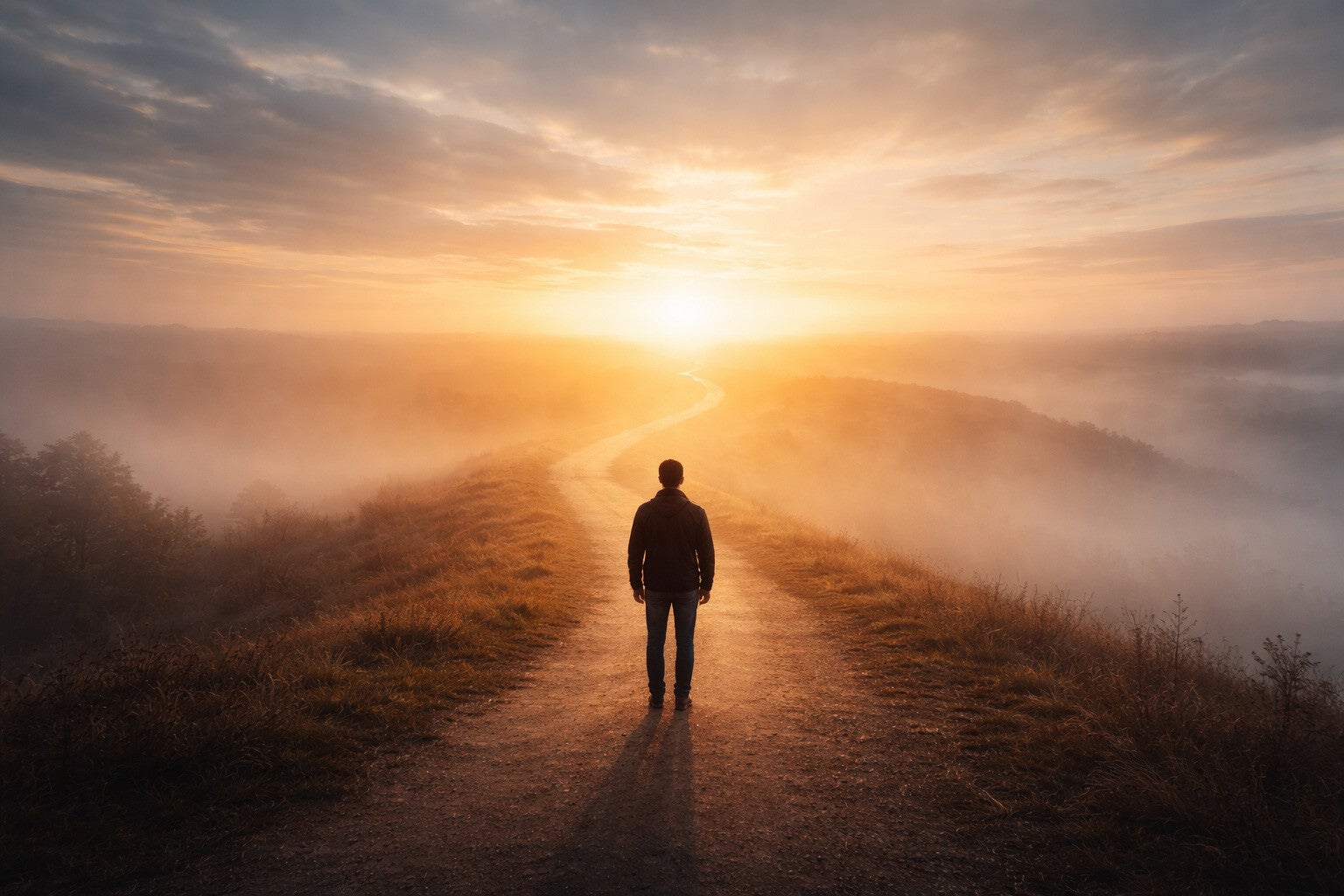 Personne marchant seule sur un chemin éclairé par le lever du soleil, symbolisant l’interrogation sur l’avenir et les choix de vie.
