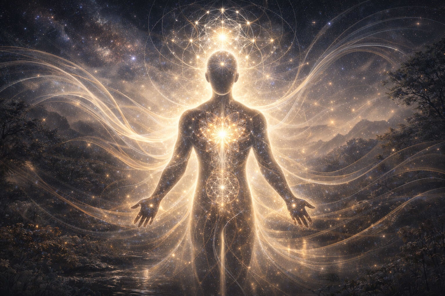 Silhouette humaine lumineuse se tenant dans un paysage nocturne, entourée de flux de lumière et de formes énergétiques, évoquant la conscience, la perception intérieure et le lien entre l’être humain et le cosmos.