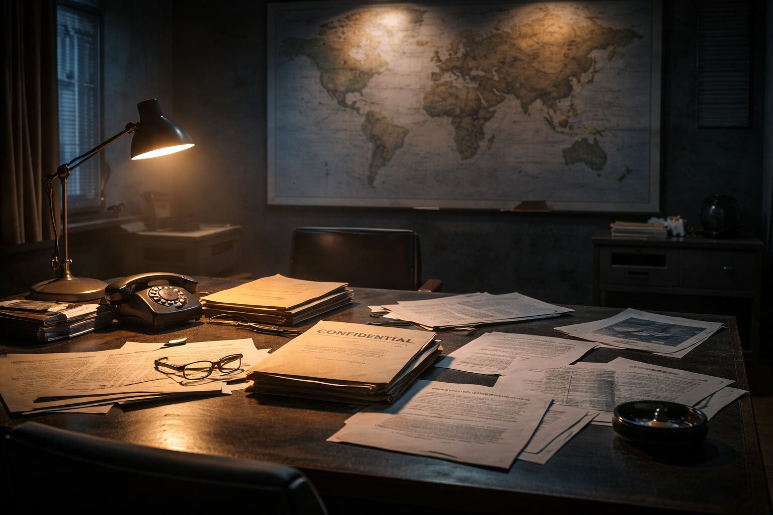 Salle de briefing des services secrets pendant la guerre froide, avec une grande carte du monde au mur et des dossiers confidentiels sur une table.
