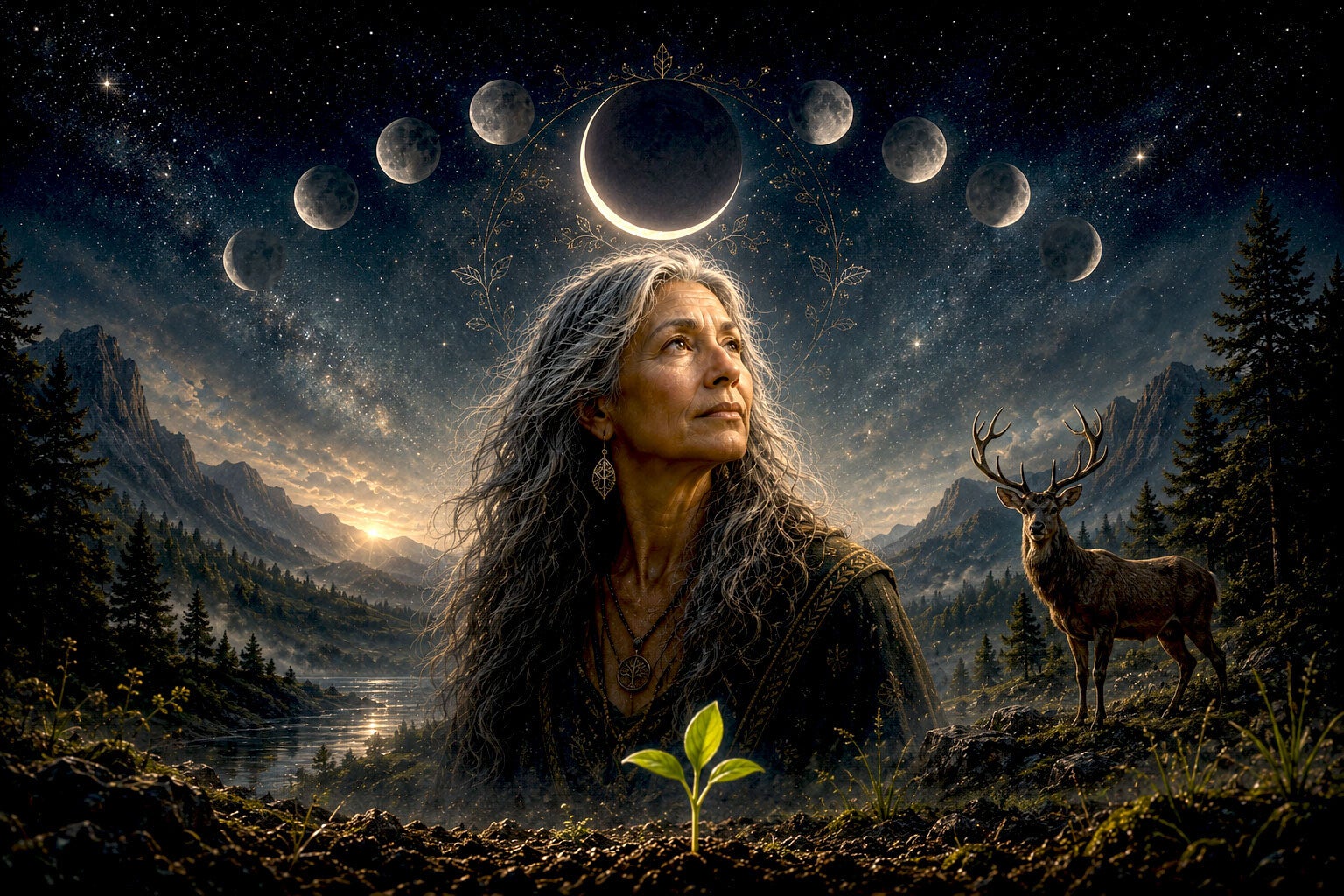 Femme contemplant les phases de la lune dans un paysage naturel, symbole de renouveau, d'intuition et des cycles de la vie