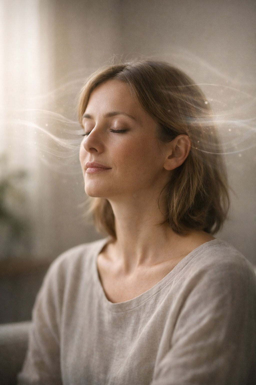 Personne les yeux fermés en état d’écoute profonde, entourée de légères vibrations lumineuses évoquant le son et la résonance intérieure.