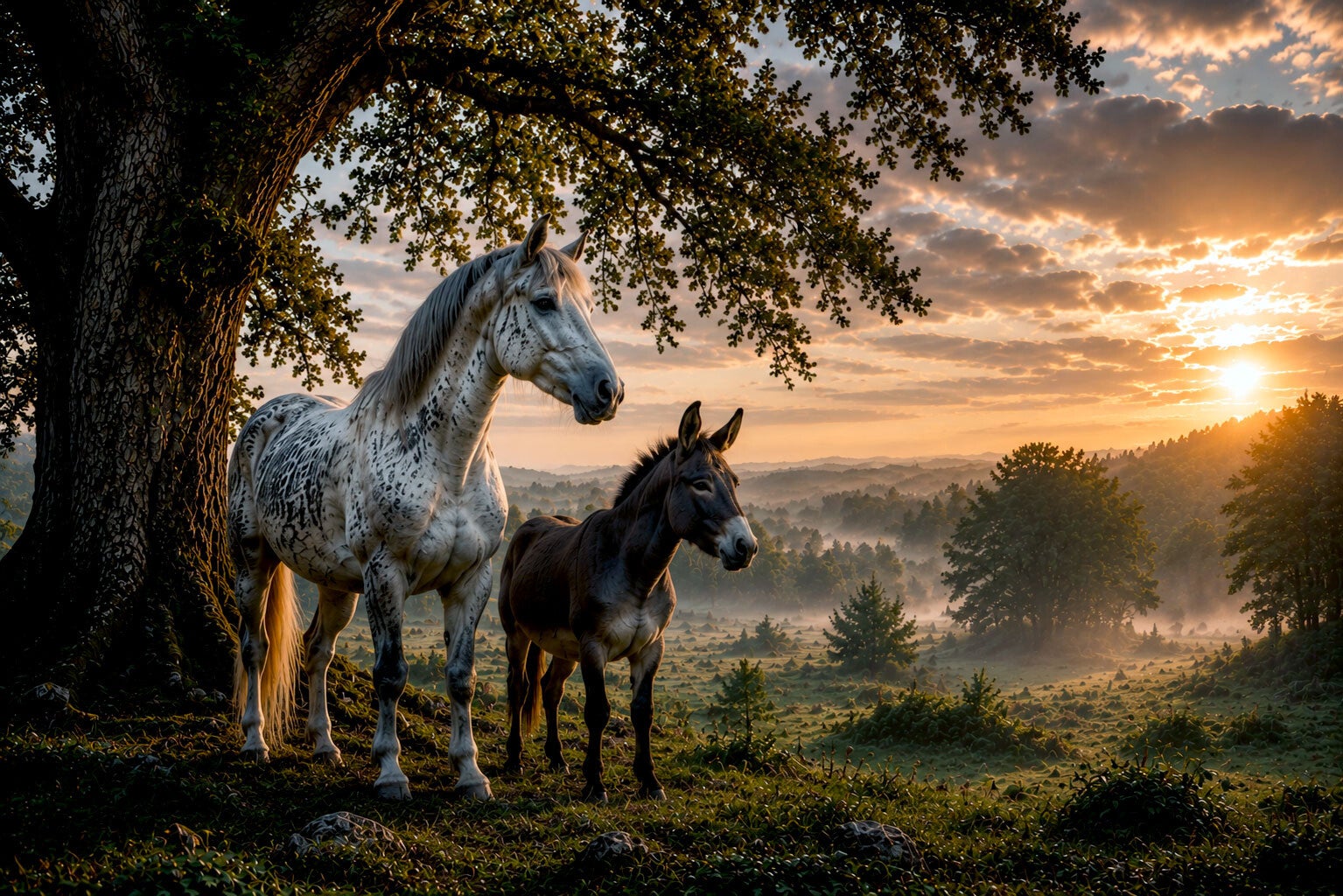 Cheval et âne observant un paysage brumeux au lever du soleil, symbole de leur sensibilité et de leur perception de l'invisible