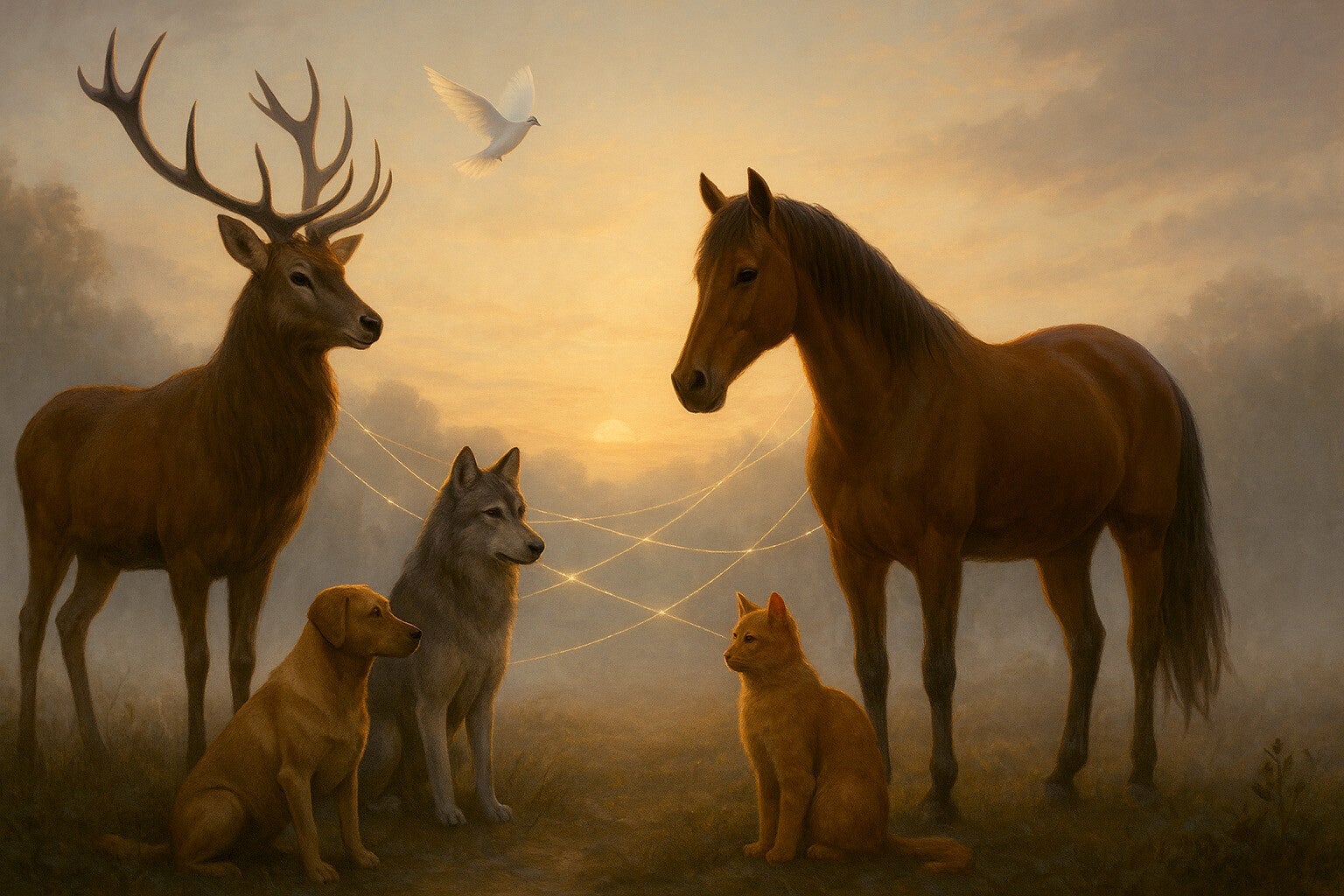 Animaux symboliques reliés par une lumière subtile dans un paysage naturel, représentant la conscience animale et l’interconnexion du vivant