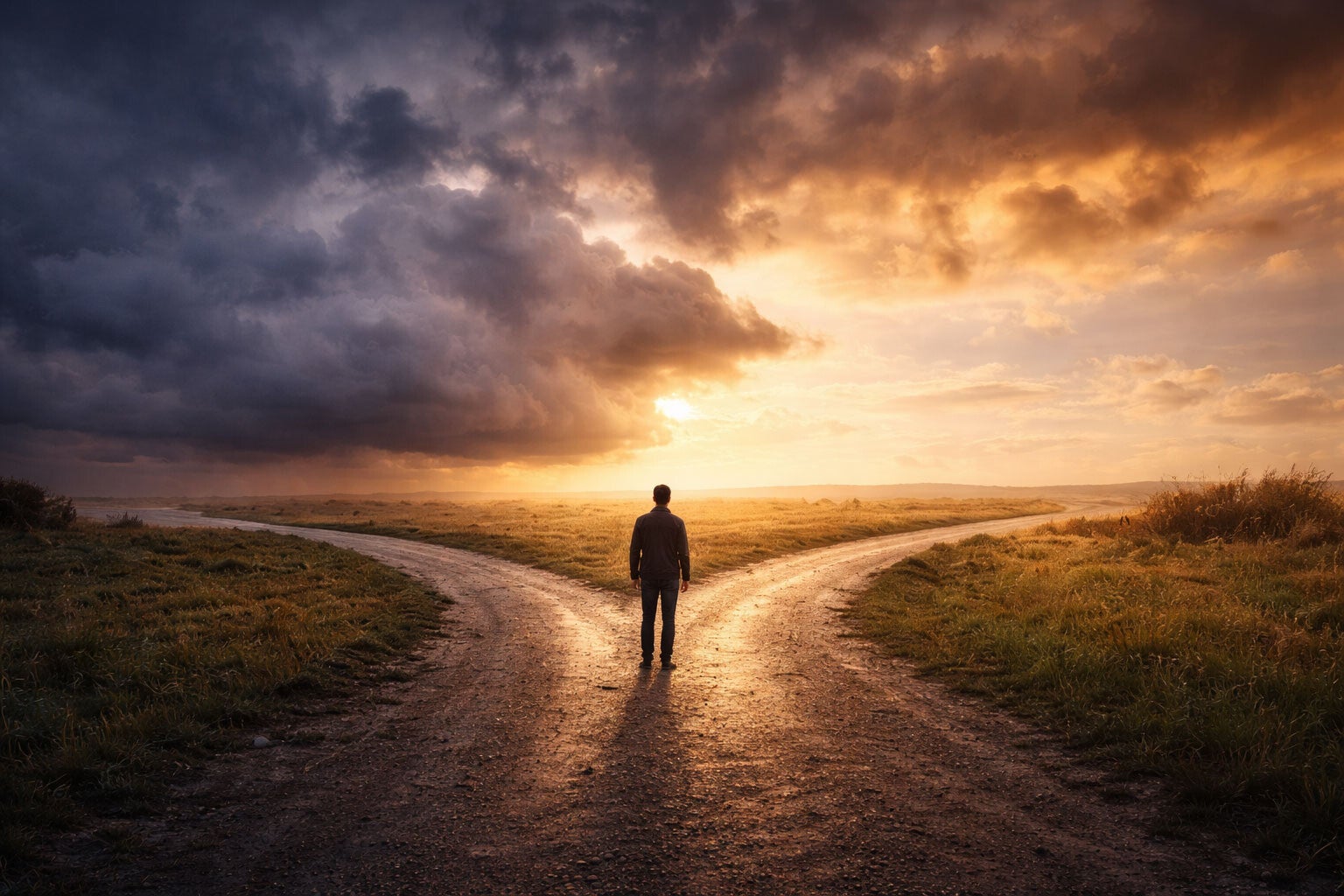 Un homme vu de dos se tient à une intersection de chemins en pleine nature, sous un ciel contrasté entre nuages sombres et lumière dorée.