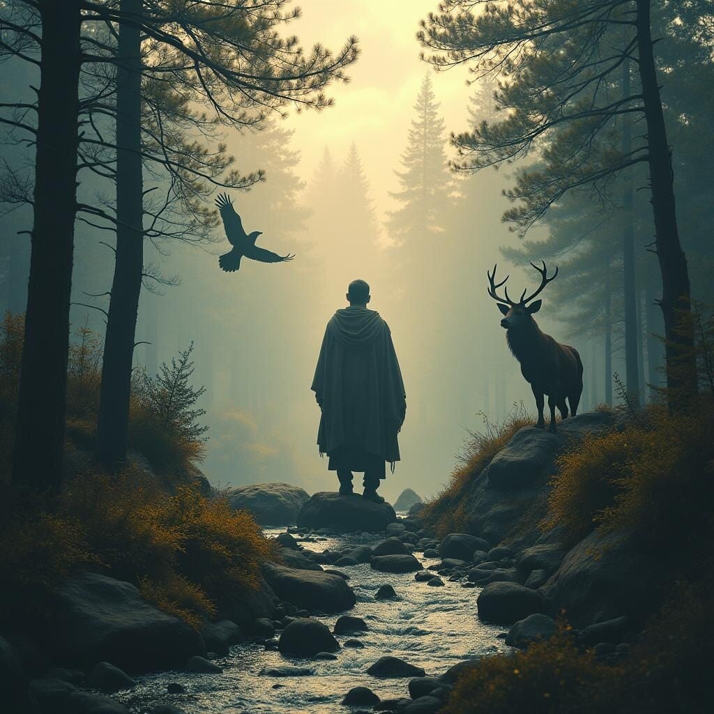 Chaman entouré d’animaux de pouvoir dans la forêt