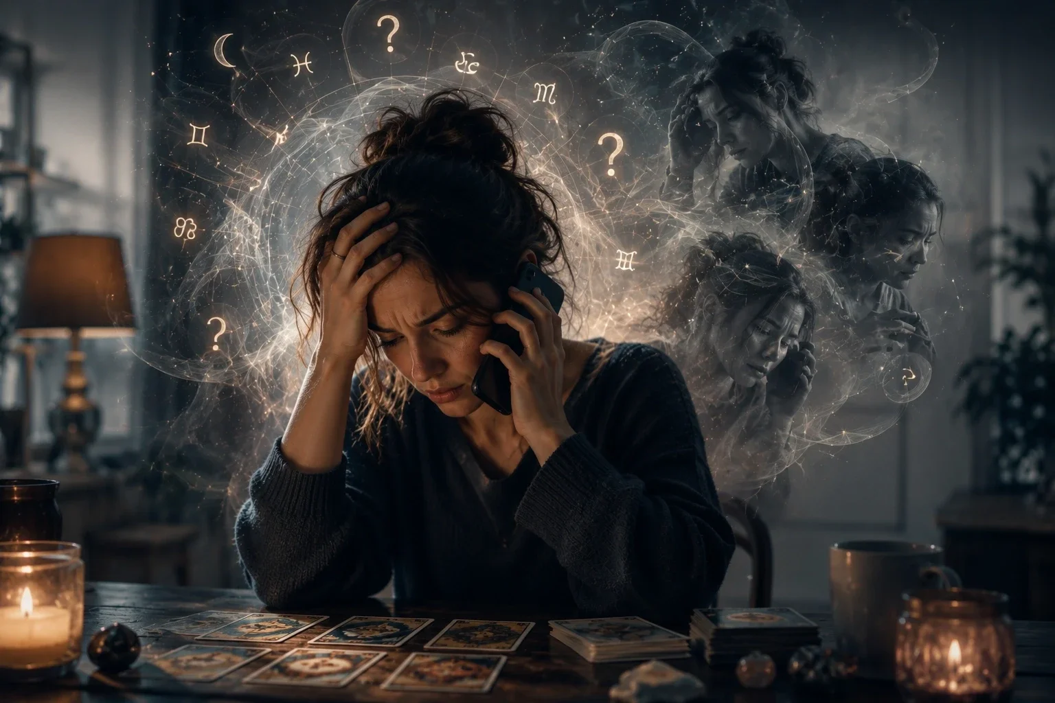 Illustration photoréaliste d’une femme anxieuse en consultation de voyance, symbolisant les doutes et le risque d’addiction à la voyance