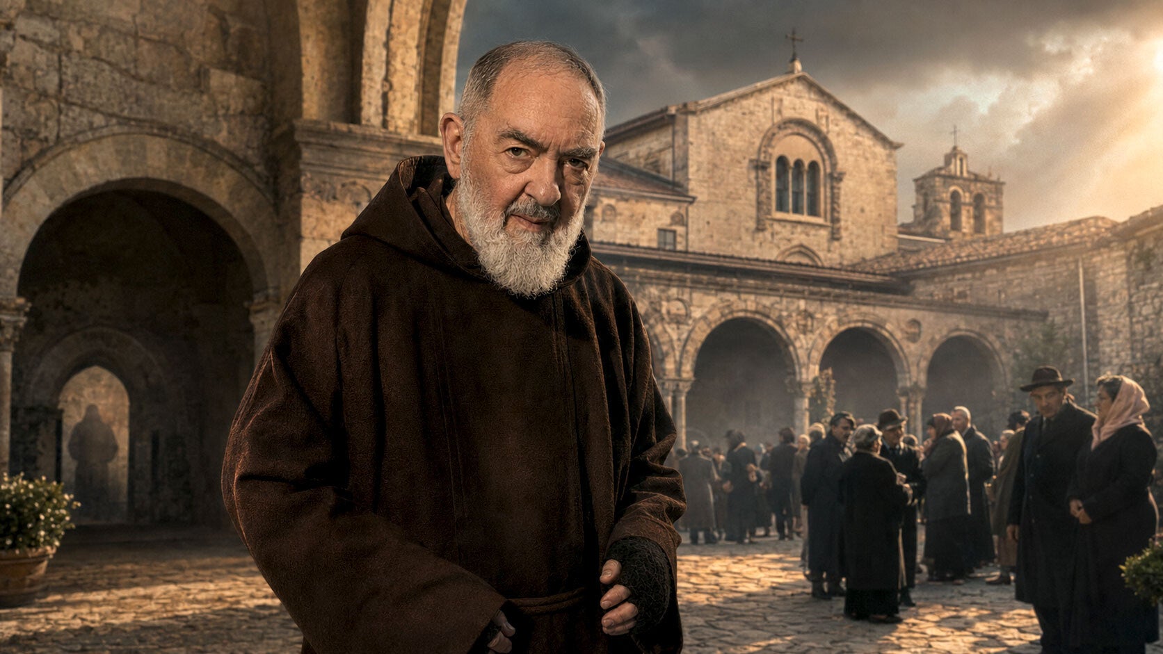 Padre Pio devant le sanctuaire de San Giovanni Rotondo et évocation de sa bilocation