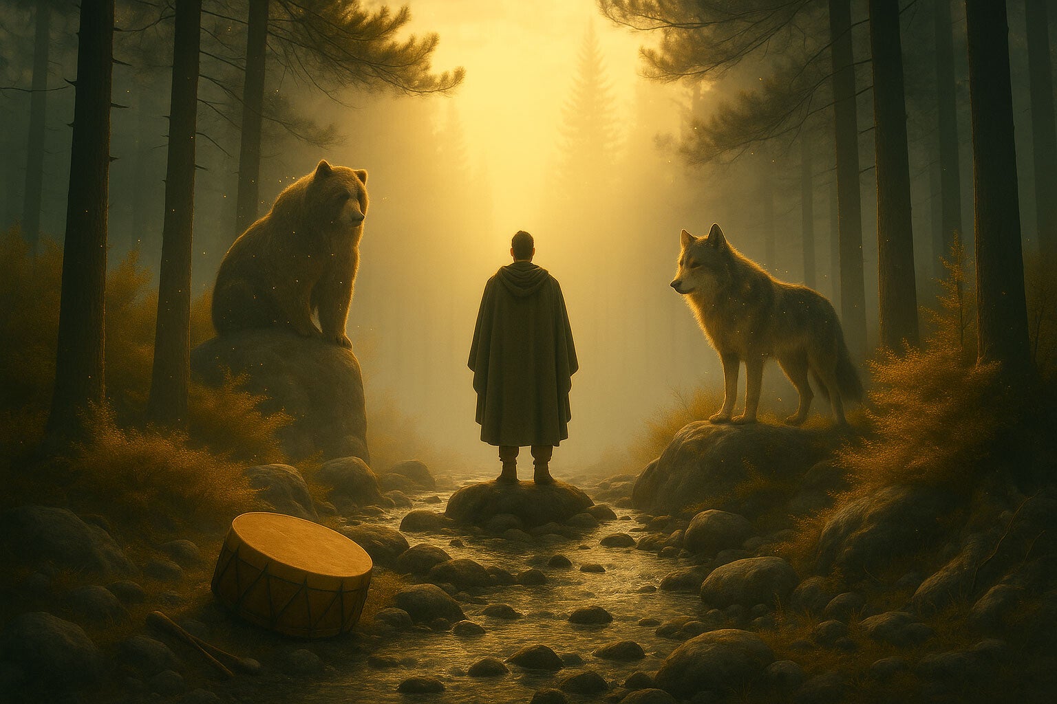 Scène forestière au lever du jour avec une silhouette, un ours et un loup, ambiance cinématographique symbolisant l’entrée dans les mondes chamaniques