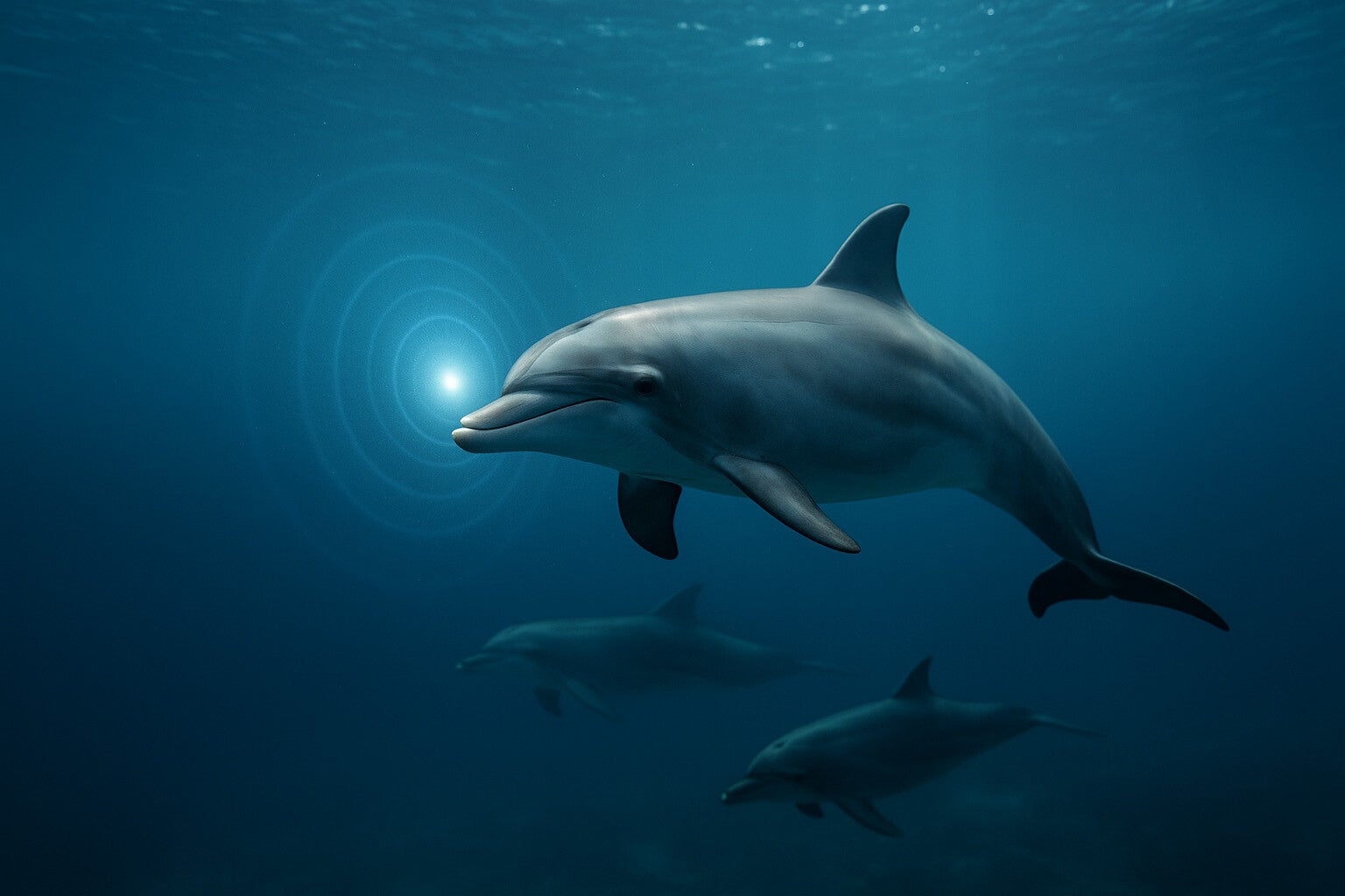 Dauphin nageant dans l’océan et émettant un signal lumineux, représentant l’intelligence animale et la communication par sonar.