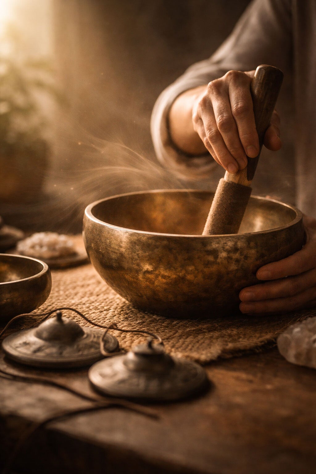 Main faisant vibrer un bol chantant, symbole des pratiques anciennes de la sonothérapie et du travail par le son.