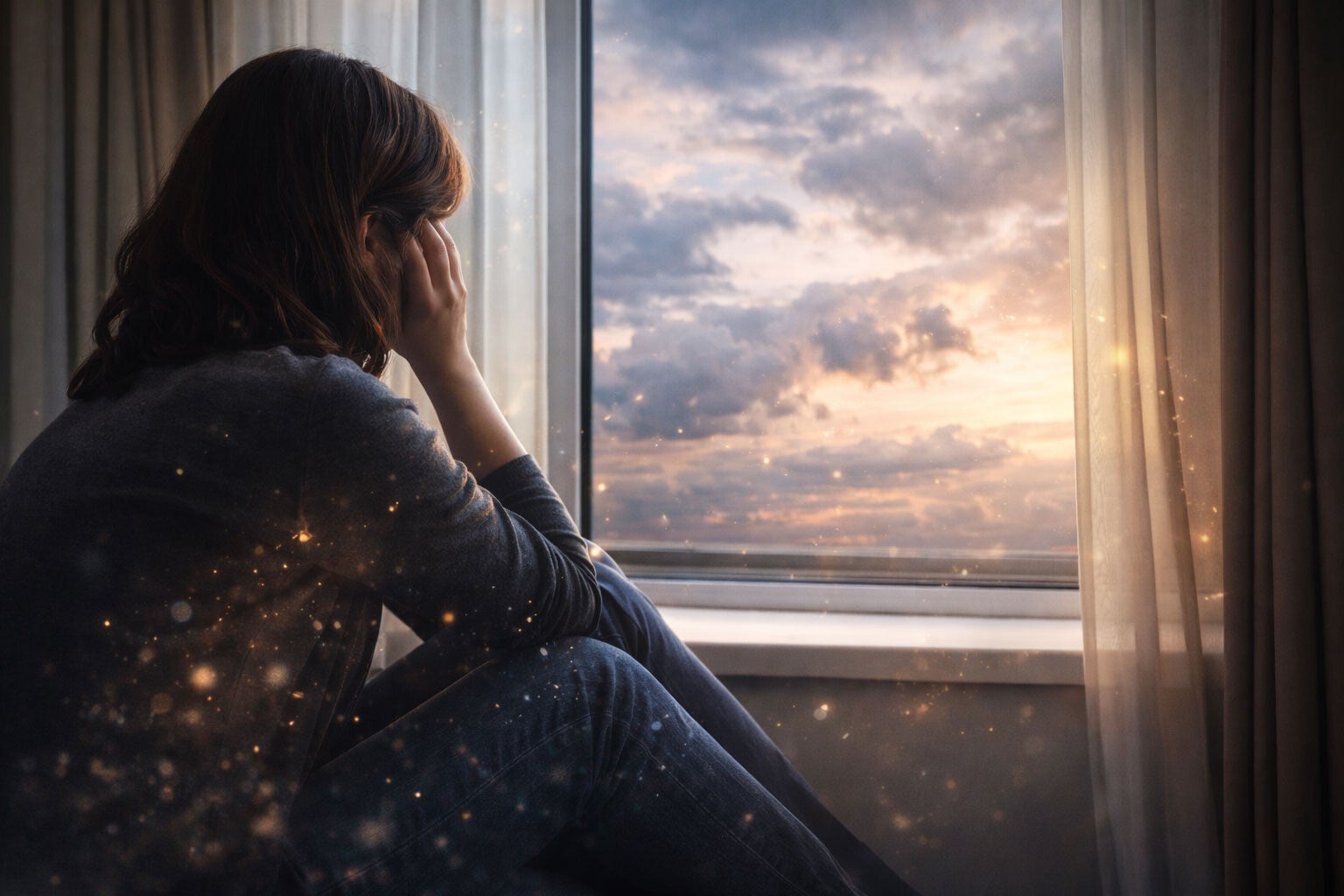 Une femme assise près d’une fenêtre regarde le ciel au crépuscule, le visage partiellement caché par sa main, dans une atmosphère intérieure calme et sombre.