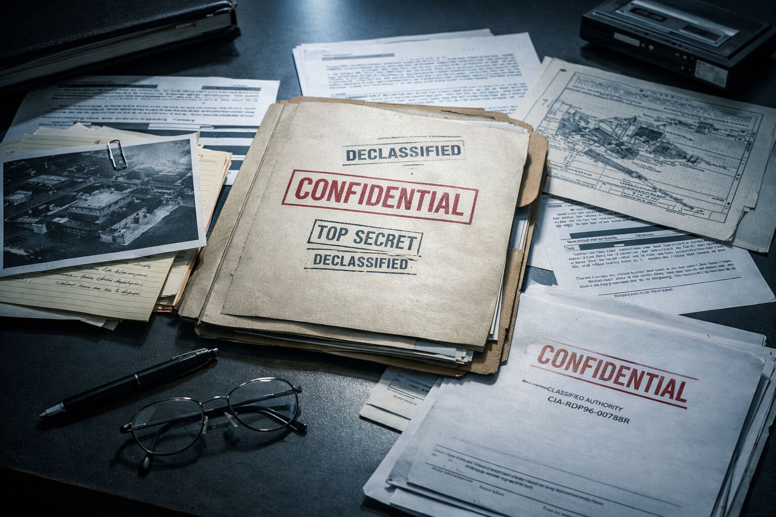 Documents de renseignement déclassifiés portant la mention confidentiel, posés sur un bureau, illustrant les recherches des services secrets sur les capacités psychiques.