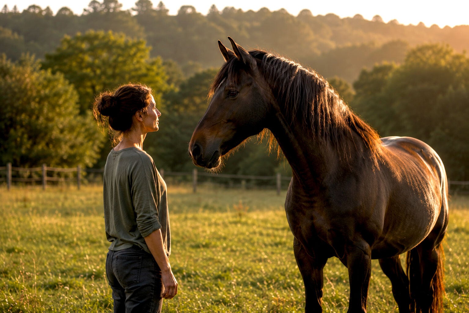 Séance d'équicoaching dans un pré illustrant la relation de confiance entre un cheval et une femme à l'écoute de ses émotions