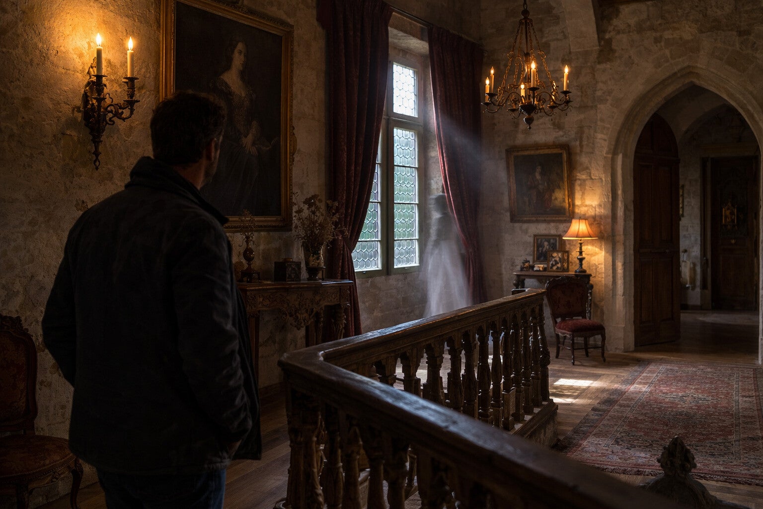 Château de Fougeret éclairé de nuit avec une atmosphère brumeuse évoquant sa réputation de château hanté en France