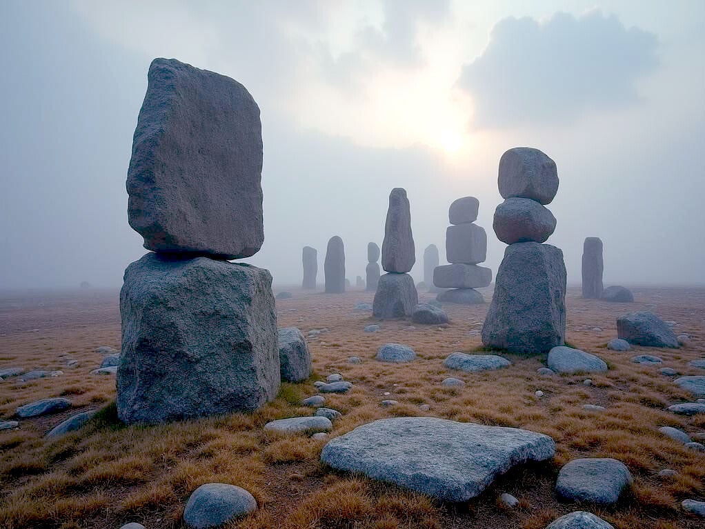 Un ensemble de grandes pierres dressées, semblables à des menhirs, se dresse dans un paysage ancien.