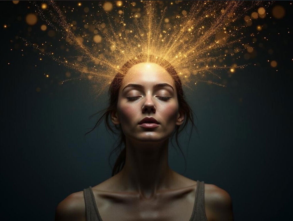 Portrait réaliste d’une femme en méditation avec filaments lumineux et troisième œil ouvert, représentant l’état de conscience élargi.
