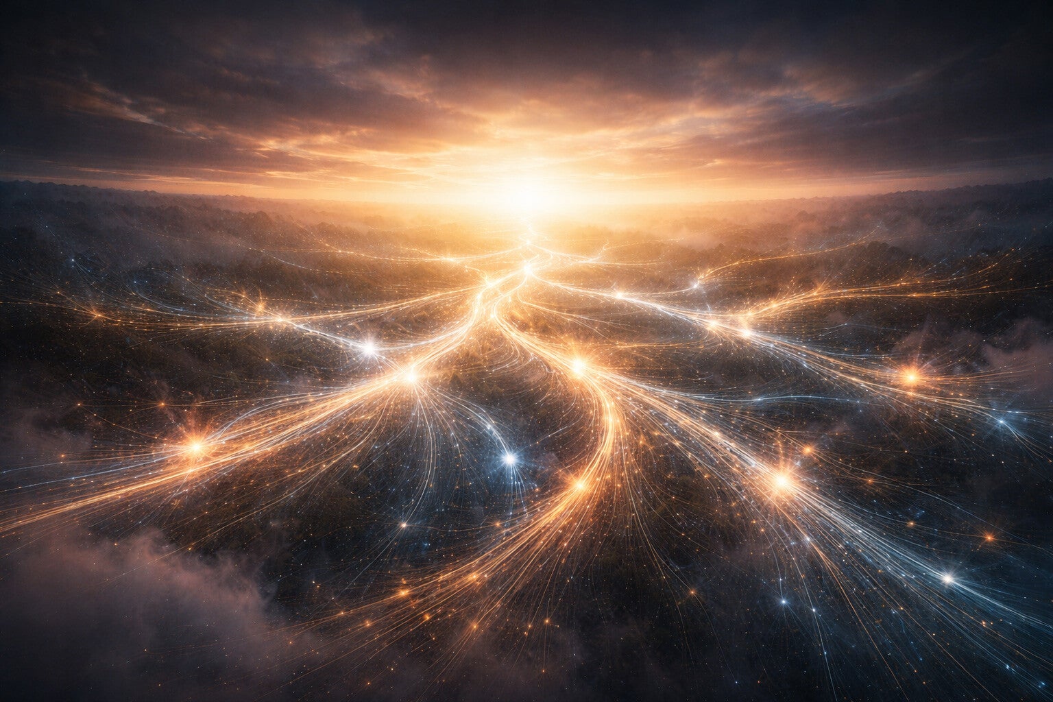 Réseau lumineux représentant des lignes de temps et des trajectoires possibles, illustrant le champ des possibles et l’évolution de l’avenir.