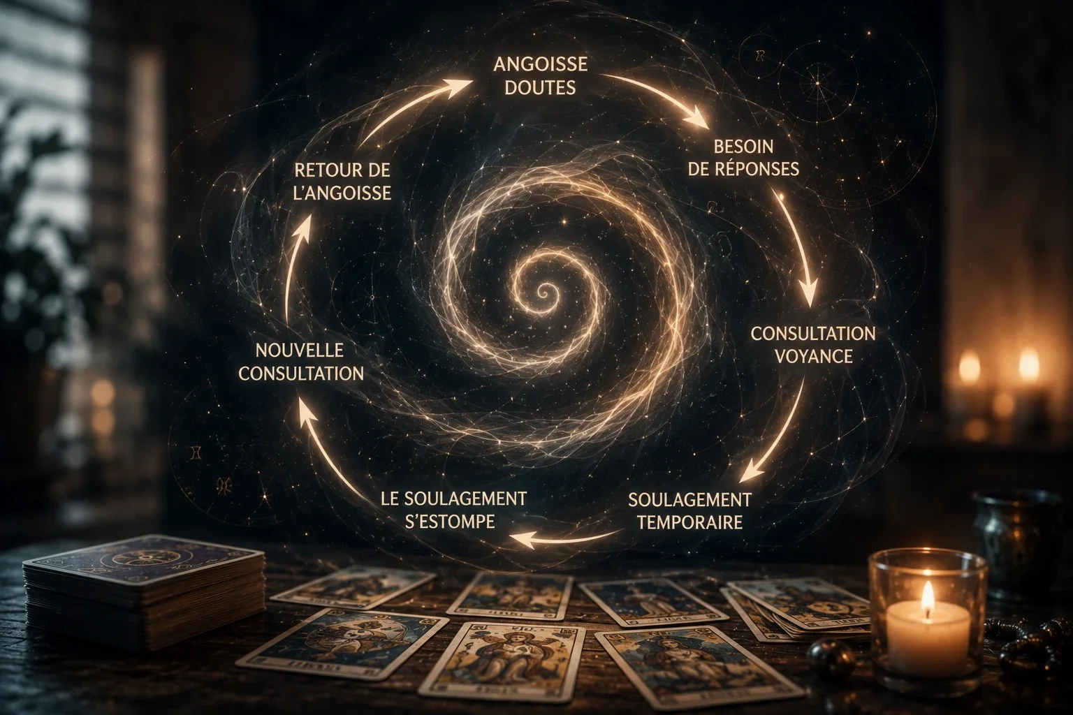 Schéma visuel du cycle de l’addiction à la voyance : angoisse, consultation, soulagement temporaire puis retour des doutes