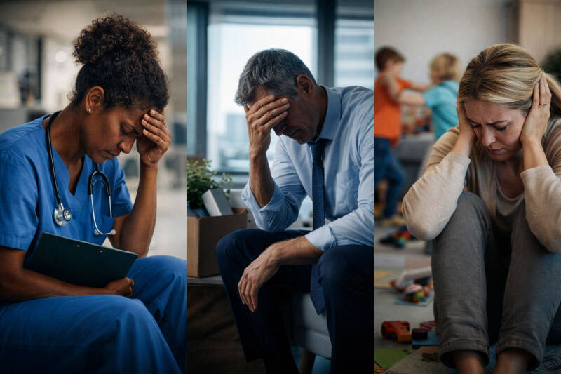 Professionnels et mère de famille en situation de burn-out, épuisement professionnel et surcharge mentale au travail et à domicile