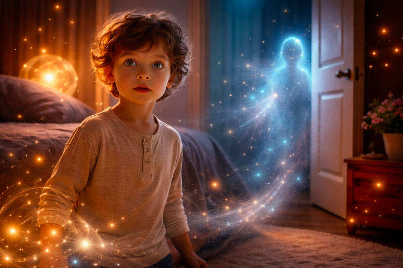Enfant ressentant une présence lumineuse dans sa chambre illustrant les perceptions subtiles et l'imaginaire de l'enfance
