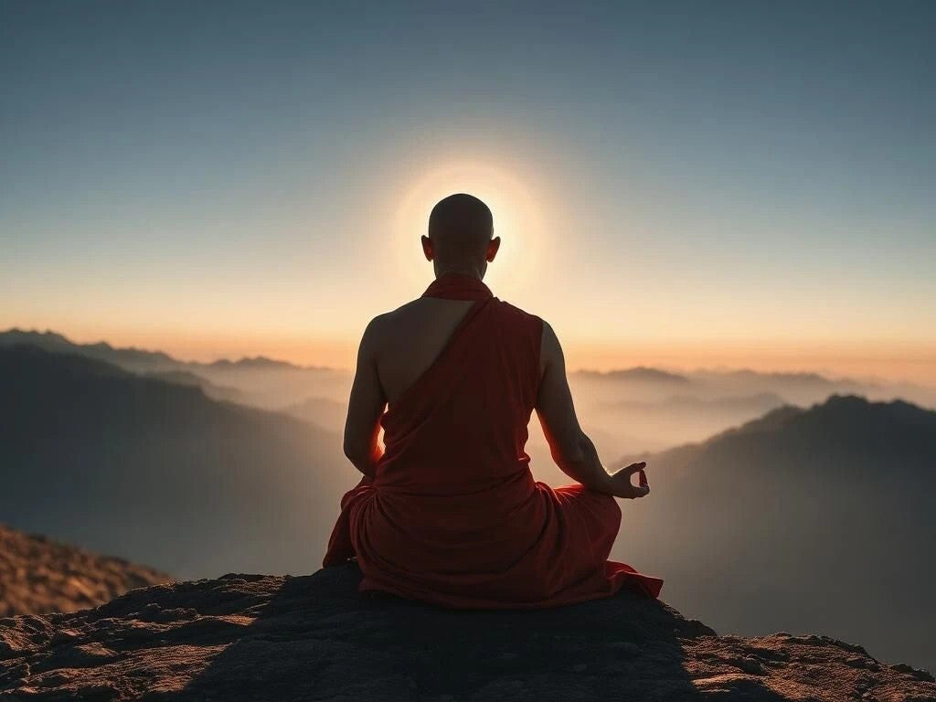 Moine tibétain méditant sur une montagne à l’aube, entouré d’un halo lumineux doré, symbolisant le passage et l’éveil spirituel.