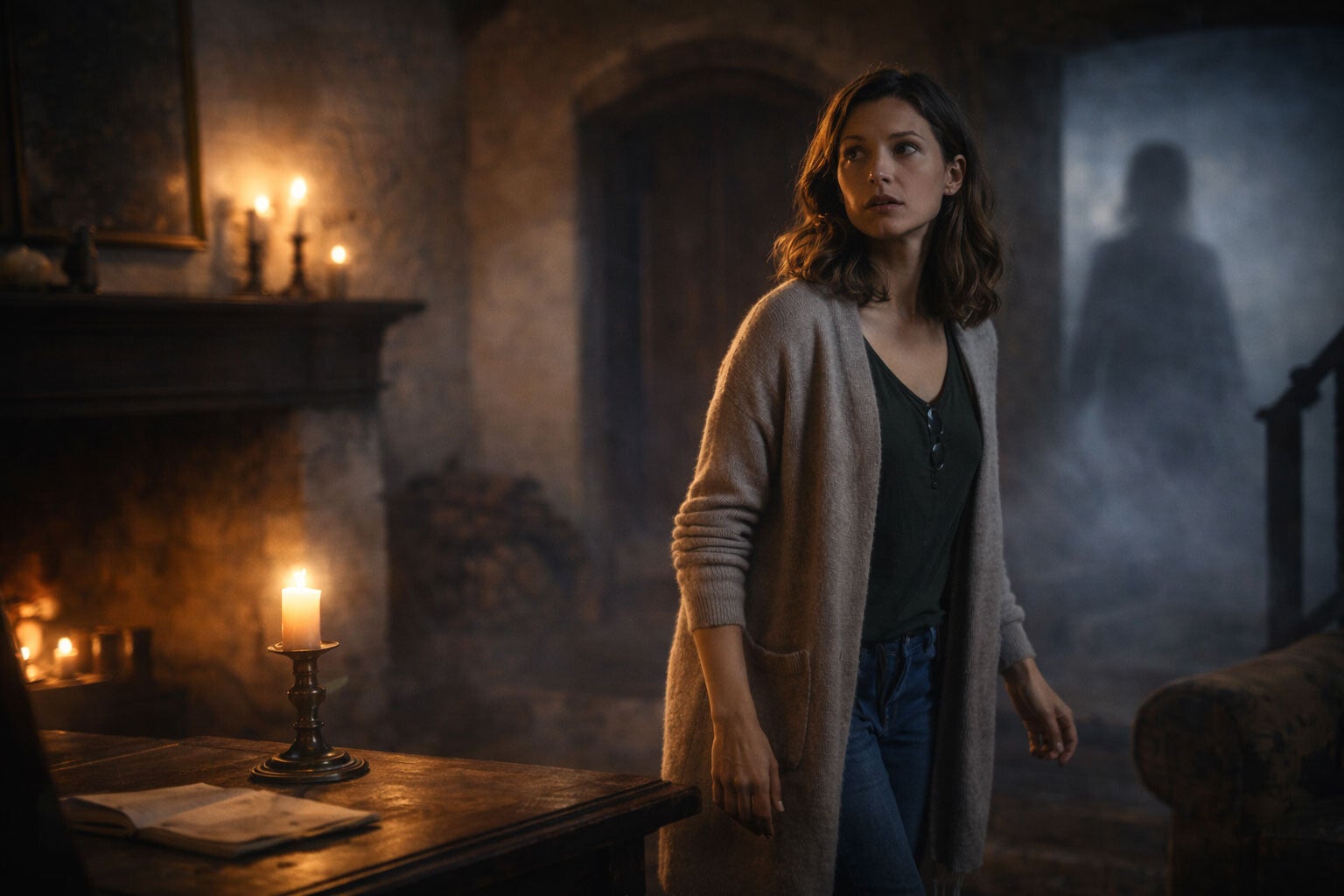 Ambiance mystérieuse dans une maison ancienne où une présence semble se manifester, illustration d’un lieu possiblement hanté