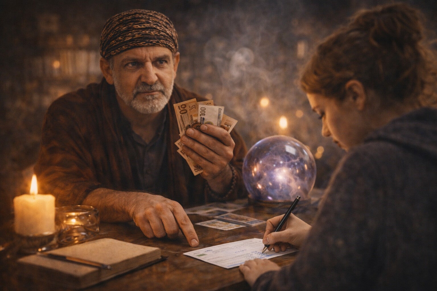 Consultation de voyance sous tension montrant un voyant au discours anxiogène et insistant, illustrant les signaux d’alerte d’une pratique non éthique.