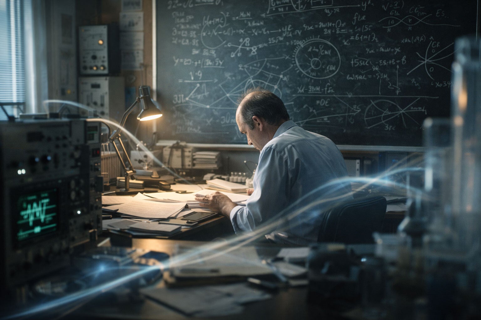 Laboratoire scientifique des années 1970 avec un chercheur travaillant sur des formules, illustrant l’étude scientifique des phénomènes liés à l’esprit humain.