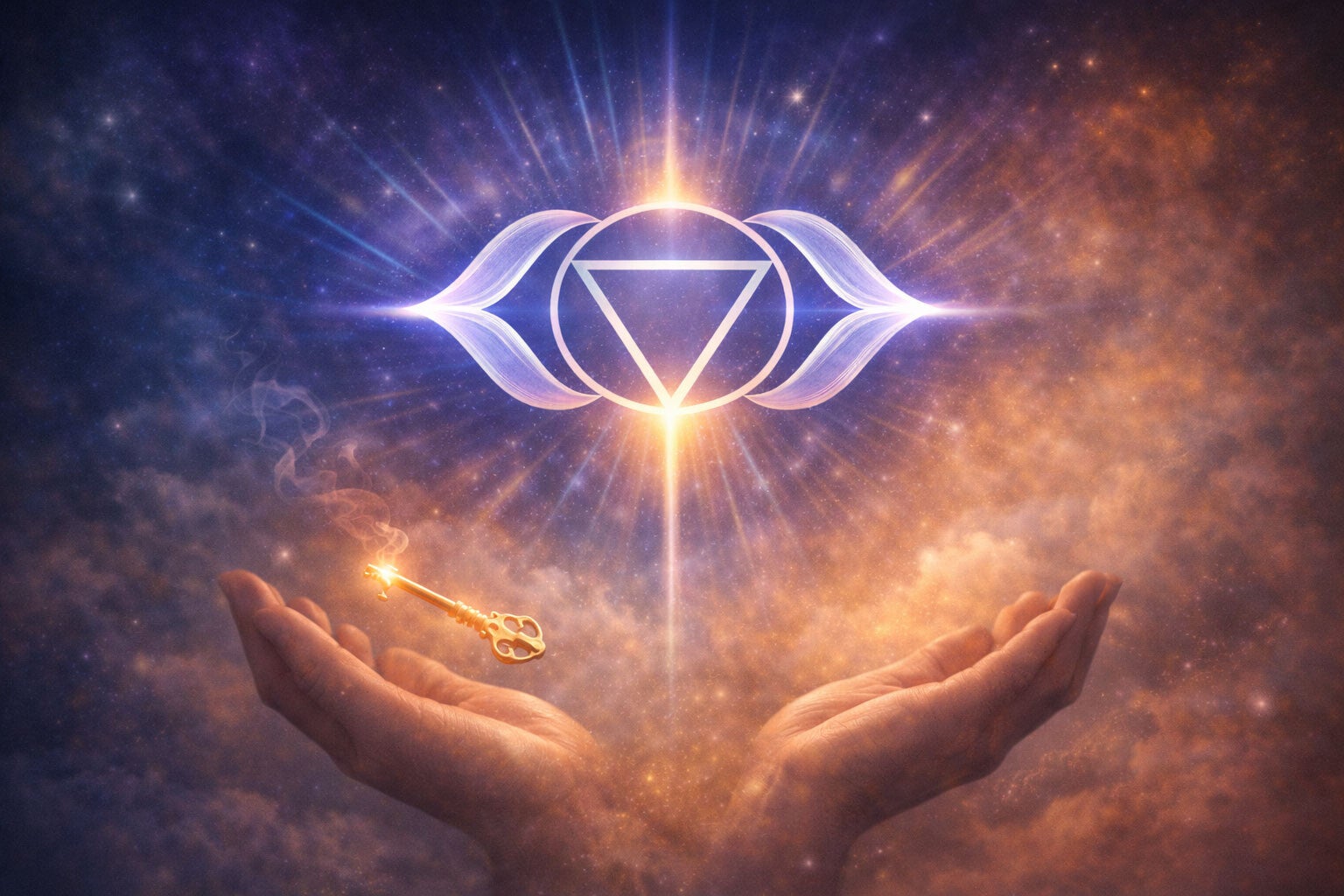 Symbole du chakra Ajna représentant le troisième œil, associé à une clé comme métaphore de l’accès à la perception subtile