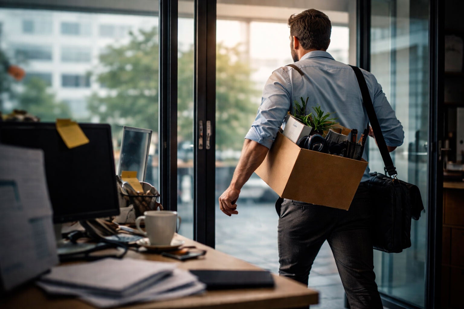 Homme quittant son emploi après un burn-out, départ d’un bureau avec ses affaires personnelles
