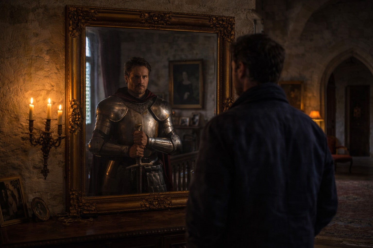 Homme observant son reflet transformé en chevalier médiéval dans un miroir ancien d’un château historique