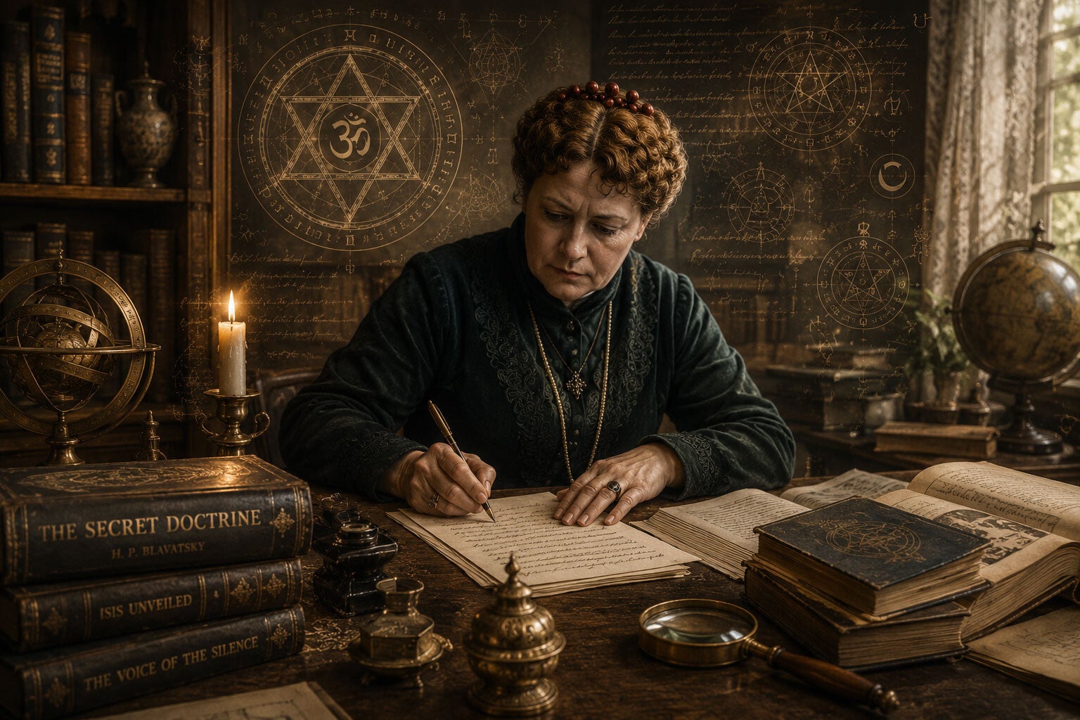 Helena Blavatsky écrivant ses travaux sur la théosophie et la spiritualité ésotérique