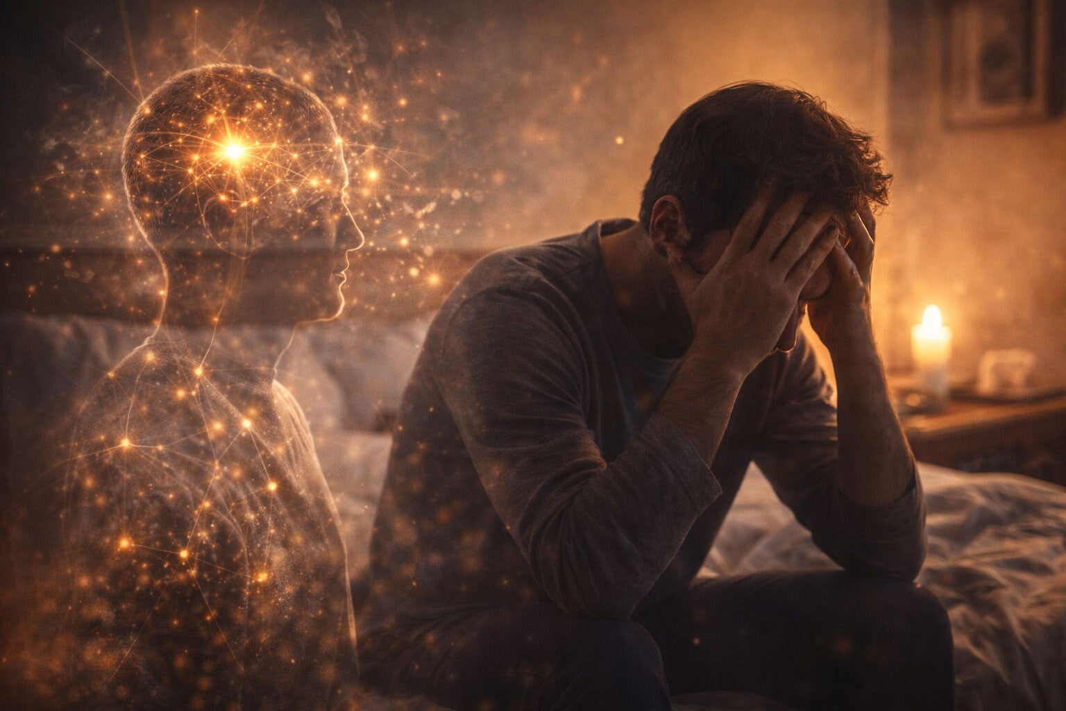 Un homme assis sur un lit tient sa tête dans ses mains, tandis qu’une silhouette humaine lumineuse et semi-transparente apparaît à ses côtés dans une pièce sombre.